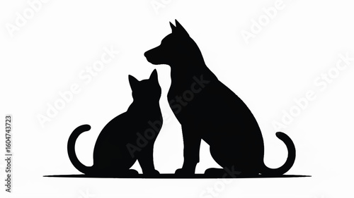 Silhouette of Cat and Dog Sitting Together Friendship and Togetherness in Black and White Minimalist Style Design