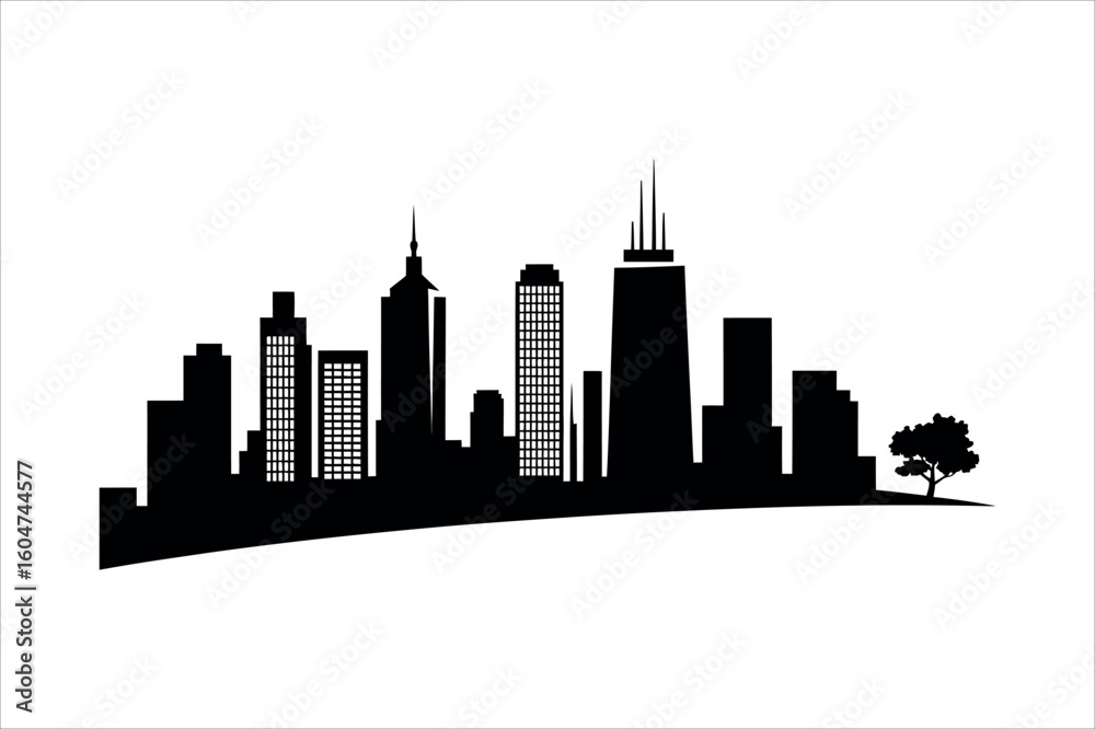 Obraz premium Black cityscape with tree silhouette buildings