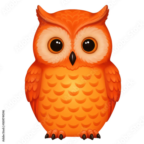 Cartoon-style orange owl standing upright, surrounded by a whimsical forest background