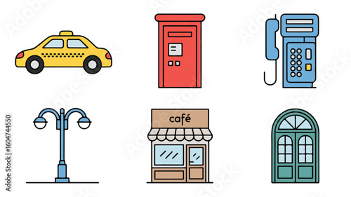 Urban street elements illustrations with taxi postbox phone booth street lamp cafe and door icon set vector illustration for graphic design website and social media