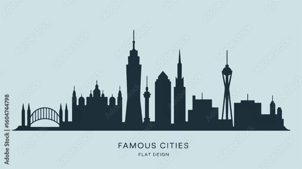 Fototapeta premium World Famous Cities Skyline Vector Illustration Flat Design Style with Tower Buildings Skyscrapers Domes and Modern Architecture Silhouette Artwork