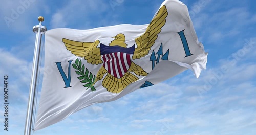 United States Virgin Islands flag with flagpole waving in wind, rolling clouds background looping, 4K video (Perfect Loop)