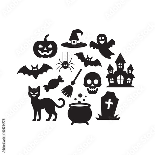 Collection of classic halloween silhouette icons including a black cat pumpkin ghost bats spider cauldron witch hat skull broom candy and haunted house