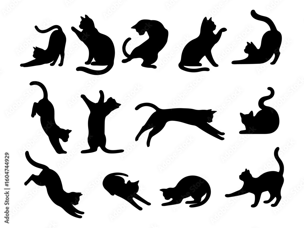 Obraz premium Collection of playful cat silhouettes in various dynamic poses isolated on white background silhouette