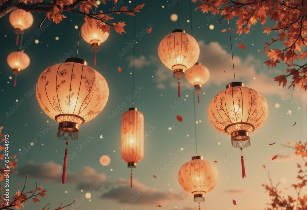 Obraz premium Ornate paper lanterns glowing warmly against a dark autumn sky