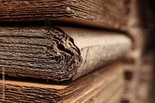 Close-up of aged, stacked books