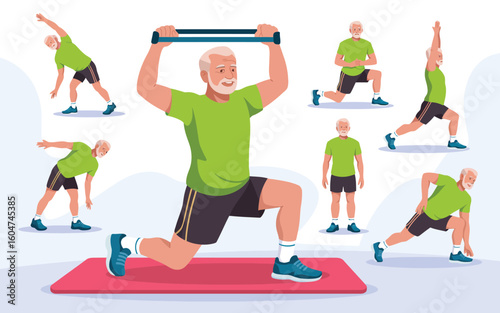 Illustration of elderly man performing fitness exercises including lunges, stretching, and resistance band movements, promoting senior wellness