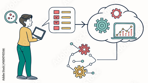 Flat-style vector illustration depicting the machine learning cycle—data input, neural network training, algorithm flow, and predictive model output.

