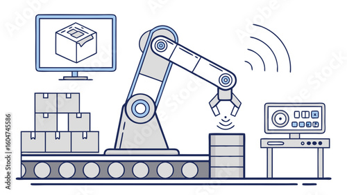 Flat vector of robotic arm in smart factory assembling products with industrial automation and AI integration.


