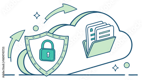 Cloud data protection vector with secure backup file storage shield symbol and digital document encryption




