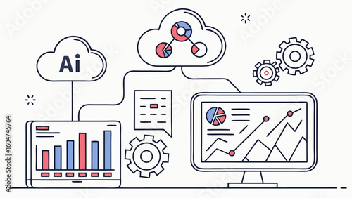 Vector concept of artificial intelligence and big data featuring graphs, cloud computing, and intelligent algorithm dashboard.

