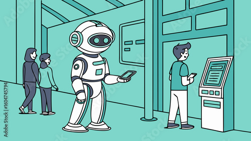 Vector illustration of a futuristic humanoid robot interacting with people in a smart, tech-driven environment.

