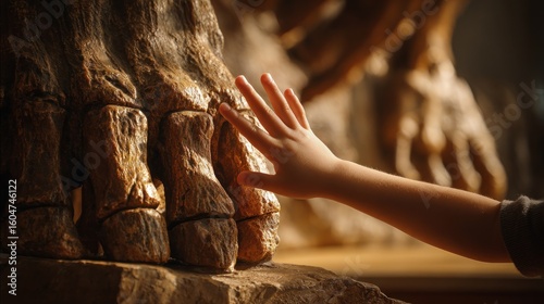 Child's hand touches a large dinosaur fossil