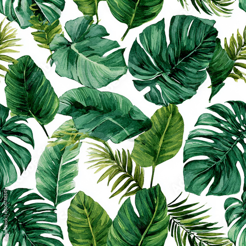 Seamless Tropical Watercolor Pattern with Monstera, Banana Leaves, and Palm Fronds