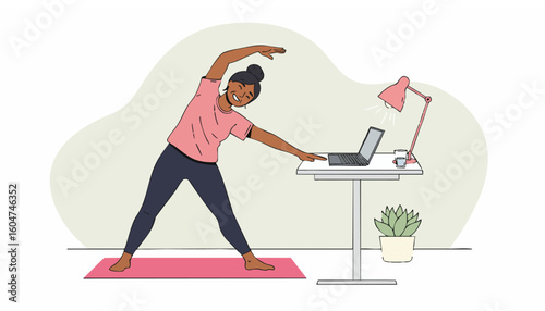 Young woman taking a wellness break from work, stretching and practicing yoga at home using an online class on her laptop.
