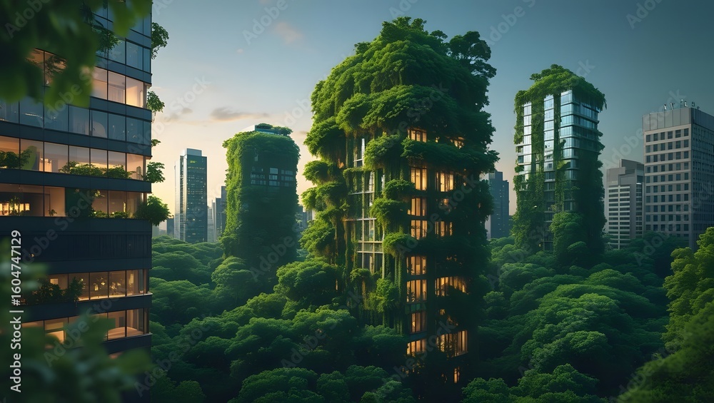 Obraz premium Futuristic eco cityscape with lush green vertical gardens on skyscrapers