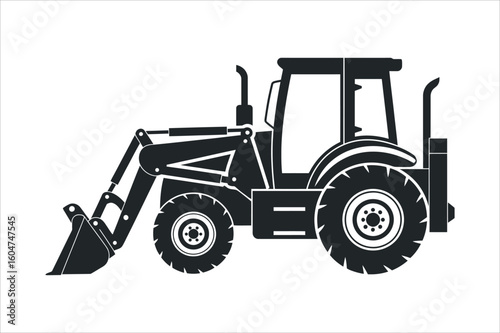 Black loader tractor with bucket and large wheels construction vehicle