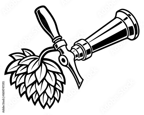Beer tap and hops silhouette for brewing