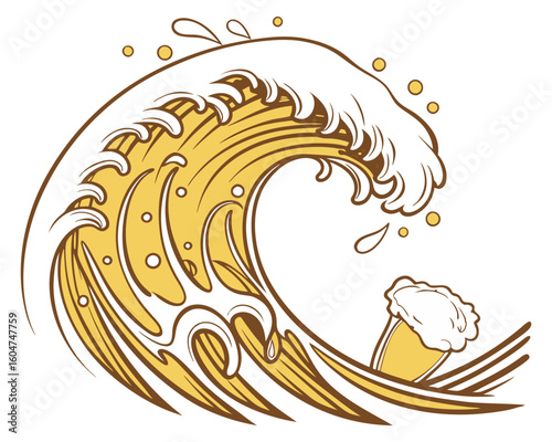 Crashing beer wave with foam and bubbles silhouette