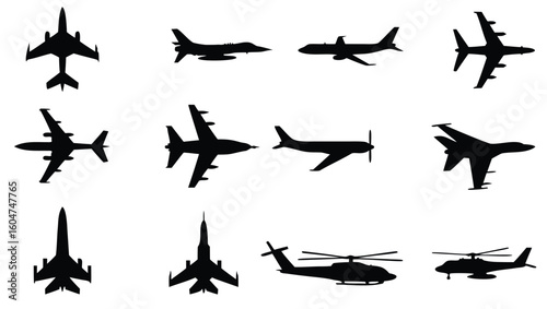 Diverse aircraft silhouettes including jets helicopters and propeller planes airplane