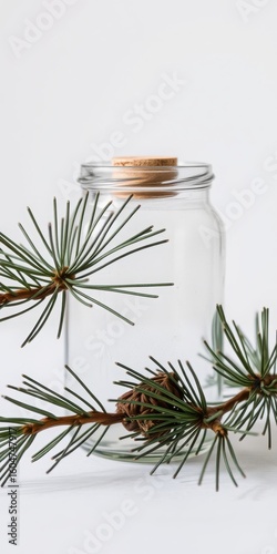 A clear glass jar with a cork stopper surrounded by pine needles and a pine cone on white background
