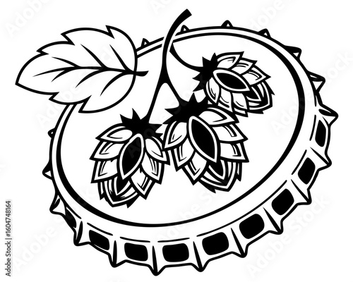 Hop cones and leaves on bottle cap silhouette