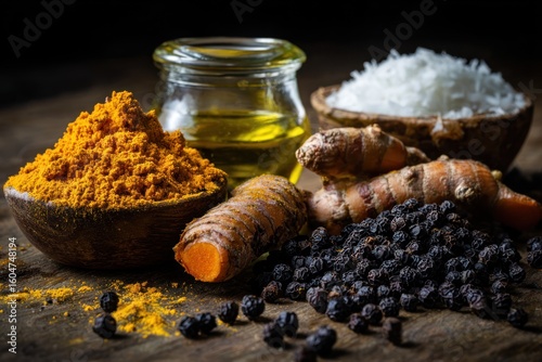 Spices, coconut, oil on rustic wood