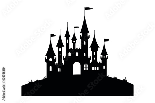 Black silhouette of a fairytale castle with flags white
