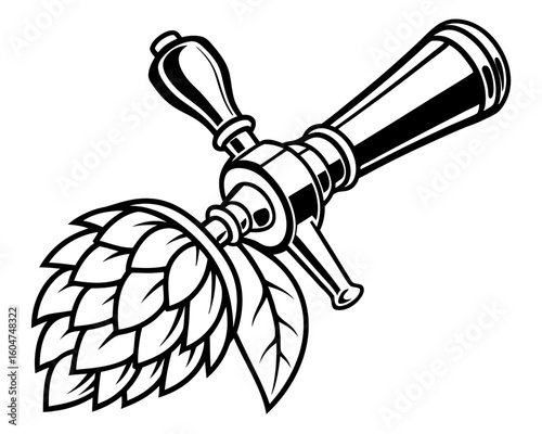 Beer tap and hops silhouette for brewing