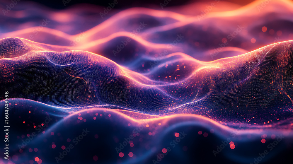 Obraz premium Digital abstract wave with glowing orange and purple light, creating smooth flowing surface with sparkling particles and gentle oscillation