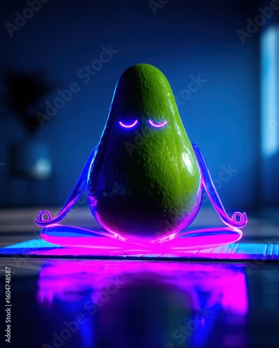 A meditative avocado with neon lights.