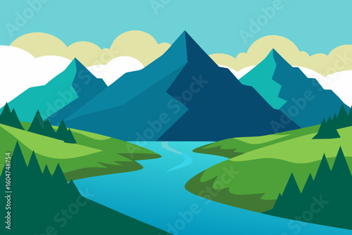 Flat design mountain landscape with river and clouds