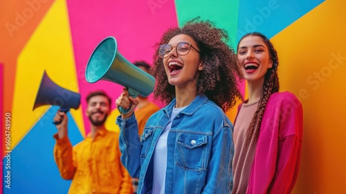A group of people standing in front of a colorful, geometrically patterned background, holding megaphones and laughing.