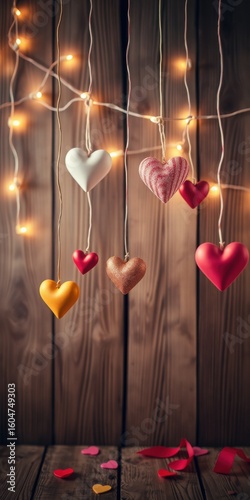 Hanging hearts with string lights against a wooden background creating a romantic atmosphere for love