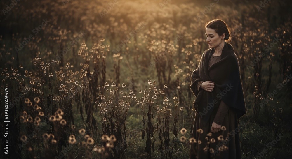 Pensive woman in a rustic dress and shawl standing alone in a field of wildflowers at sunset. Historical portrait with a melancholic mood. Pensive woman in a rustic dress and shawl standing alone in a field of wildflowers at sunset. Historical portrait with a melancholic mood.