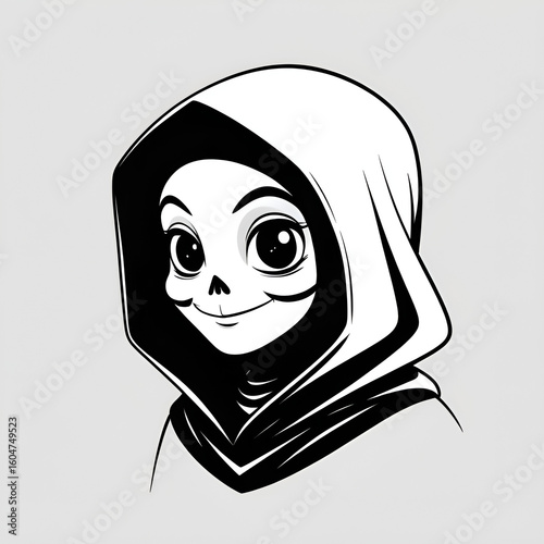 Cute Mini Grim Reaper Vector Headshot – Black and White Flat Design with Bold Outlines

