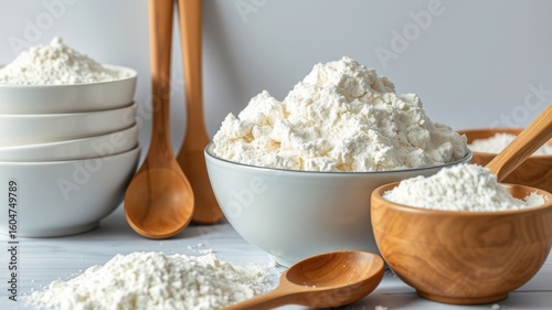Close up of bowls filled with white powder and wooden spoons on a white wooden surface top view