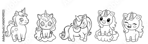 Cute Unicorn clip art outline illustration. Vector linear illustration set  for coloring book, coloring page

