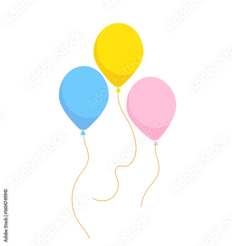 Balloons in flat style, bunch of balloons. Birthday vector illustration with 3 colored balloons in simple style

