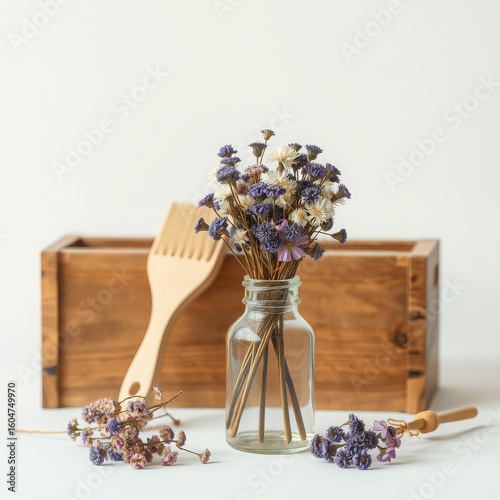 Still life of dried flowers in a glass bottle with wooden box and brush on a white surface setting