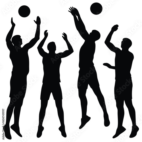 Dynamic silhouette of volleyball players spiking and blocking the ball with high energy action