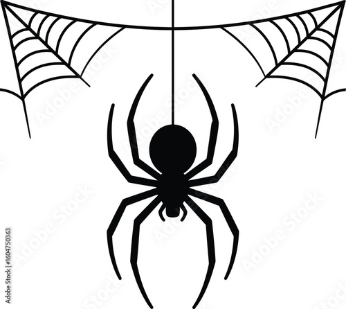 Hanging Spider and Web Silhouette Vector Illustration for Halloween, Scary, Creepy, and Horror Design