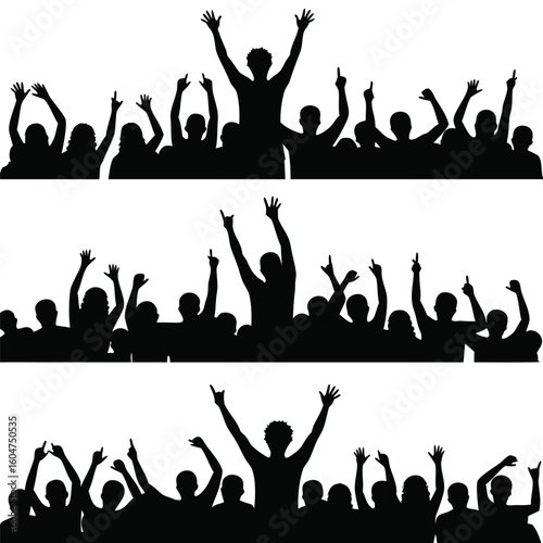 Cheering crowd with raised hands celebrating people silhouette