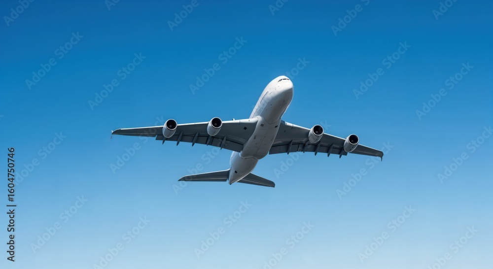 Large passenger airplane flying in the clear blue sky. Commercial jet airliner on a flight. Aviation and international travel concept. Large passenger airplane flying in the clear blue sky. Commercial jet airliner on a flight. Aviation and international travel concept.