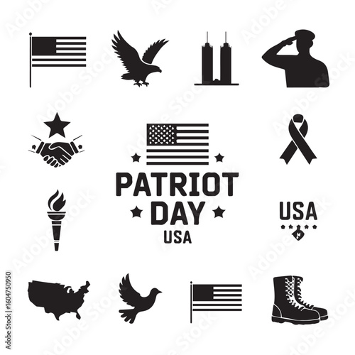 Collection of patriotic american symbols and icons representing national pride and remembrance for patriot day and veterans