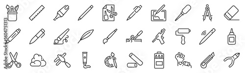Set of 30 outline icons related to art and design tools. Linear icon collection. Editable stroke. Vector illustration