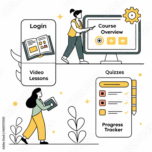 Online learning platform features including login video lessons course overview quizzes and progress tracking illustrated with people and icons