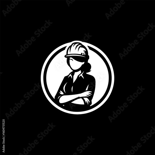 Strong Female Construction Worker Silhouette in Circle.