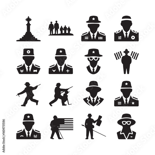 Collection of silhouette icons representing military personnel and war memorials in a grid layout