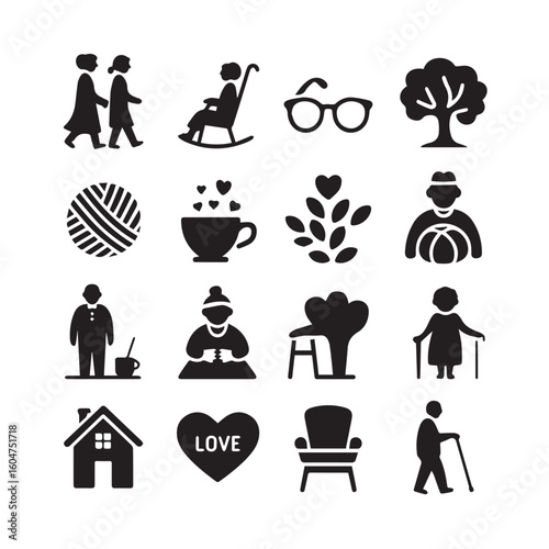 Collection of simple black silhouette icons representing senior citizens and their lifestyle activities and symbols of love and home